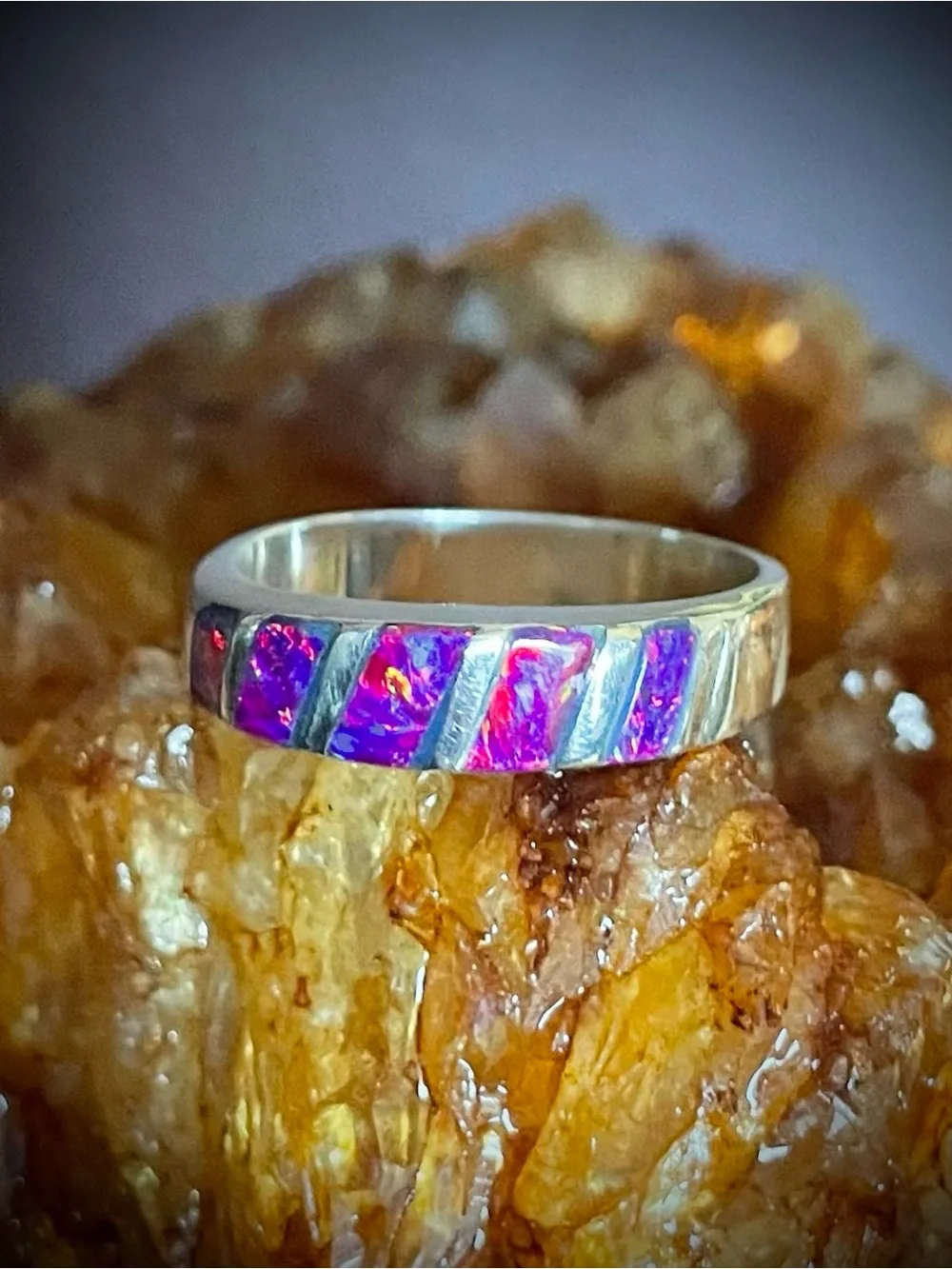 Pink Purple Opal Inlay Vintage Sterling Ring